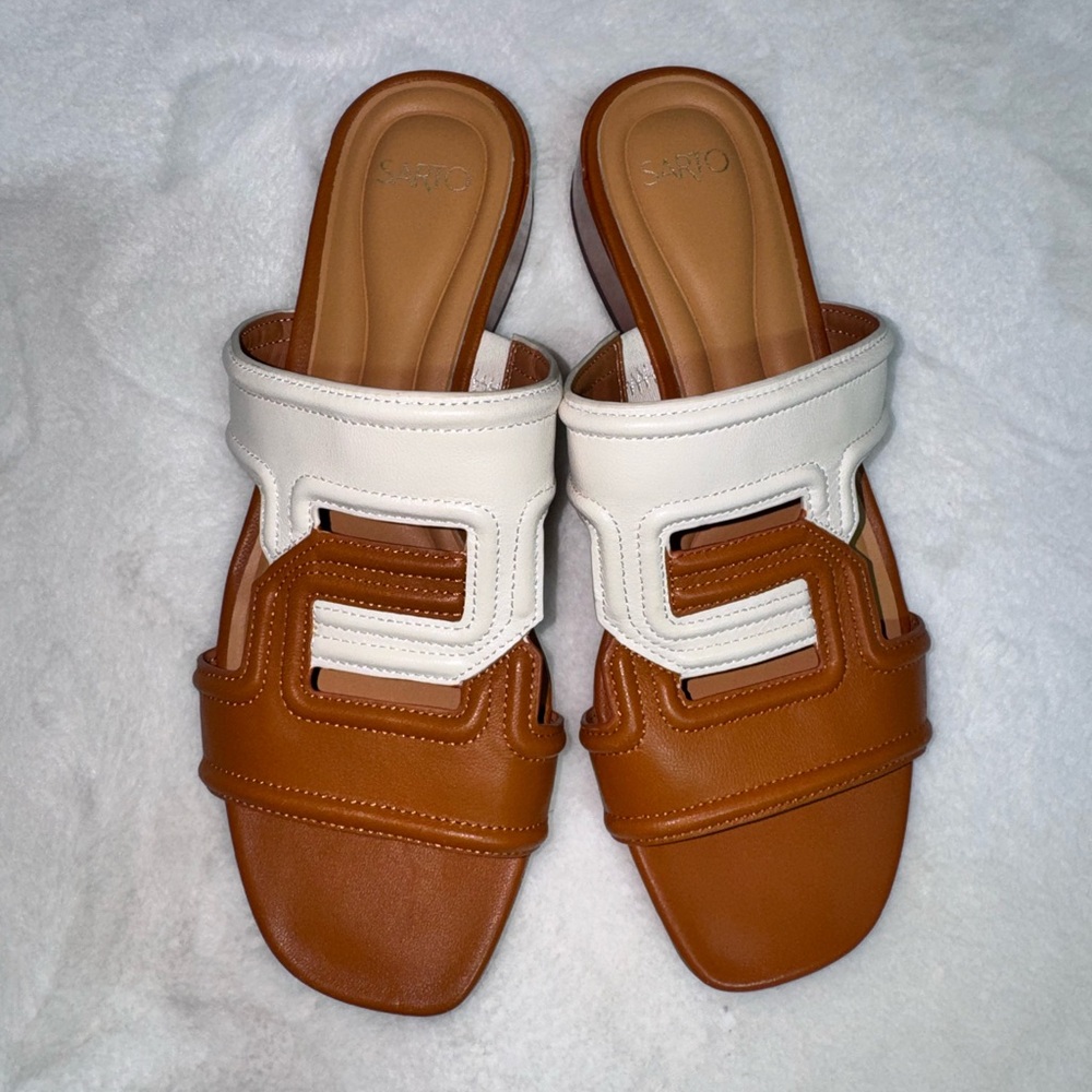 MARINA Brown and Cream Geometric Sandals